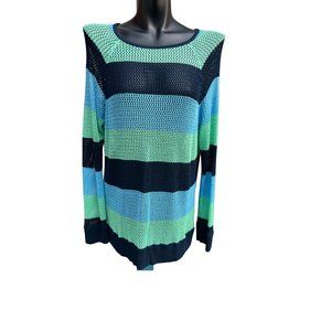 525 America Long Sleeve Rayon Striped Knit Sweater Blue & Green/Black Size XL